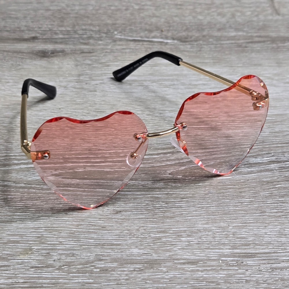 Vintage Heart Shaped Sunglasses Rimless Pink Rose Lens Gold Metal Arms Fashion
